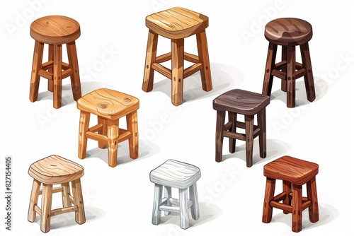 Set of wooden stools with illustrations on a blank background.