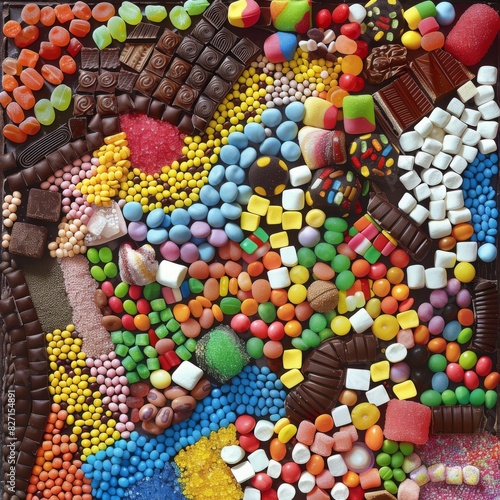 Craft a digital masterpiece capturing a top view of a dessert-filled classroom; colorful jelly beans and licorice sticks arranged in patterns to teach shapes