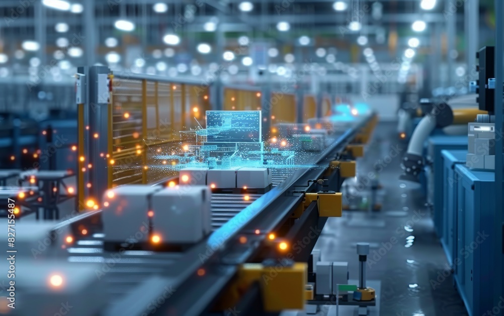 Craft a digital painting of a digital twin seamlessly integrating with its physical counterpart on a production line Emphasize the seamless interaction between the digital and phys Craft a digital painting of a digital twin seamlessly integrating with its physical counterpart on a production line Emphasize the seamless interaction between the digital and phys