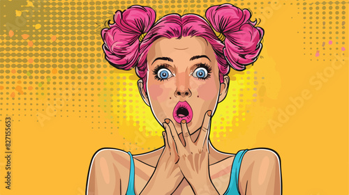 Surprised woman with pink hair.Comic woman. Wow face