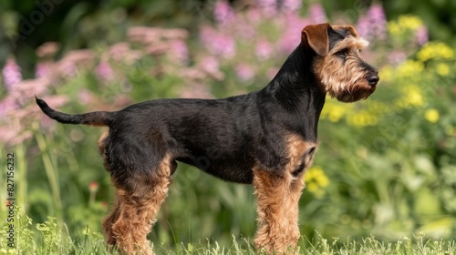  A small dog, black and brown, atop a lush green field; flowers in shades of purple and yellow sprawl beneath