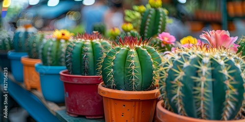 Cactus plants showcased in pots at a lively market in Thailand. Concept Travel, Thailand, Markets, Cactus Plants, Pottery Display © Anastasiia