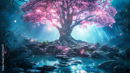 A fantasy tree of life with glowing pink flowers