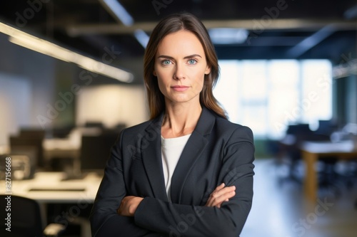 Portrait of confident mid adult businesswoman standing in office. Female entrepreneur looking at camera with her arms crossed