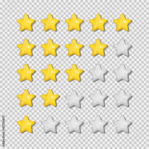 3d rating stars for best excellent services rating for satisfaction on transparent background