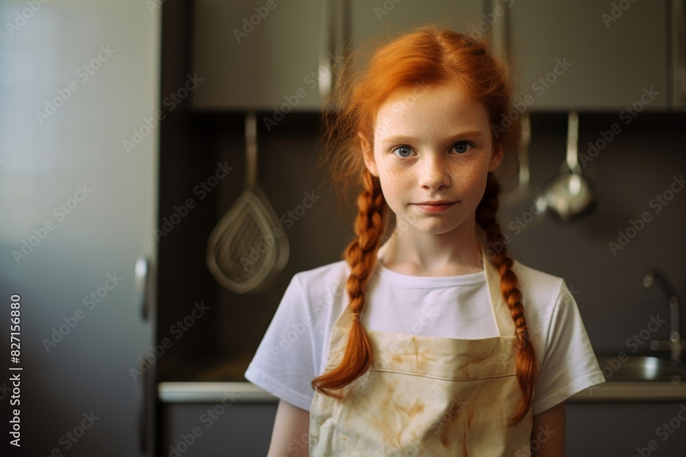 Portrait of elementary age redhead girl holding wire whisk