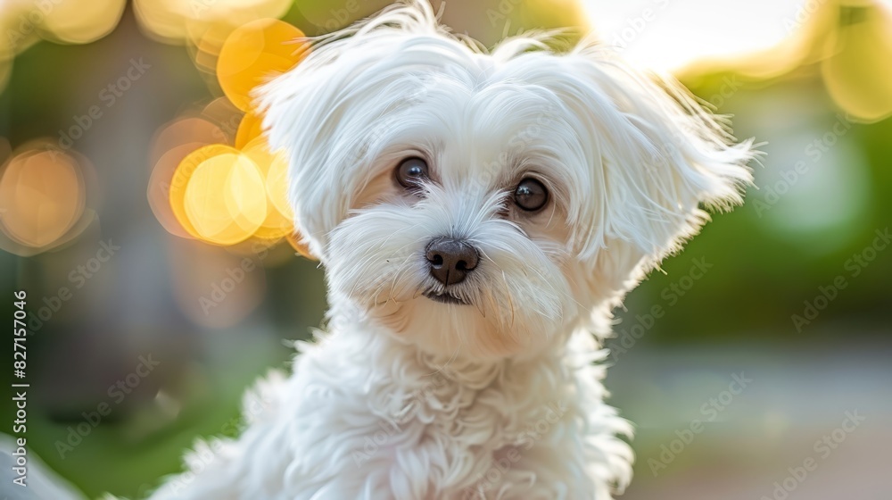 A tight shot of a small white dog against a backdrop of softly focus-shifted lights in the background, and trees in the foreground displaying a similar effect A tight shot of a small white dog against a backdrop of softly focus-shifted lights in the background, and trees in the foreground displaying a similar effect