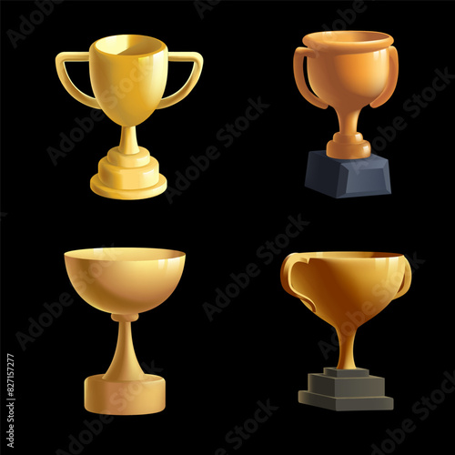 Collection of various gold trophies on a black background