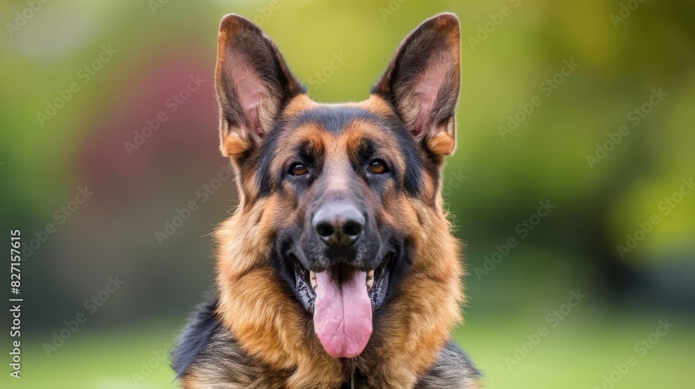  A close-up of a dog's face with its tongue hanging out, surrounded by a blurred foreground of grass and trees