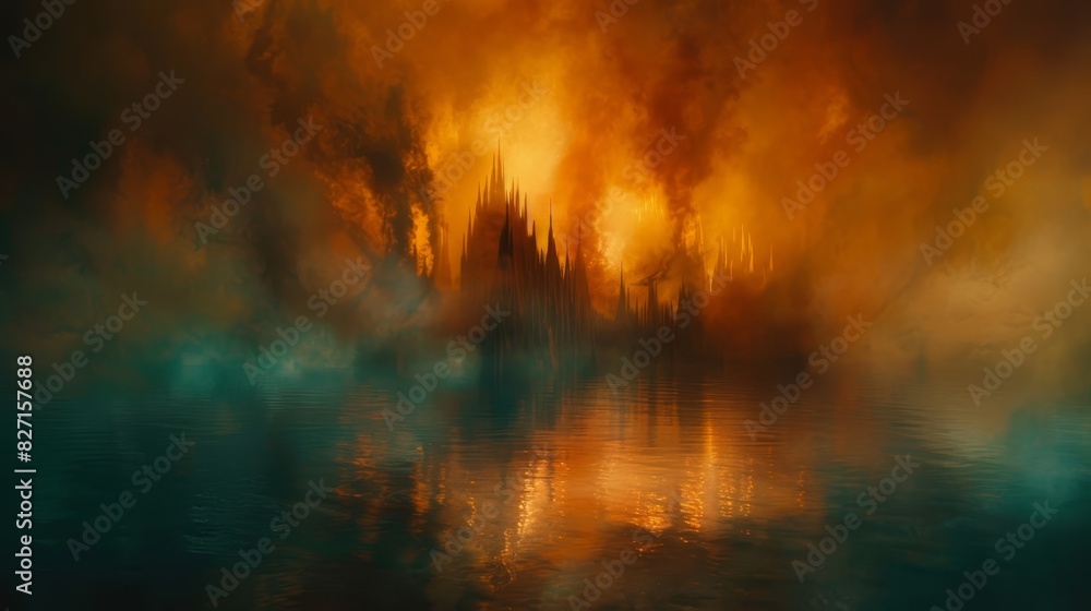 Fototapeta premium A forest painting with a lake in foreground, orange-yellow clouded sky behind, reflecting water in foreground