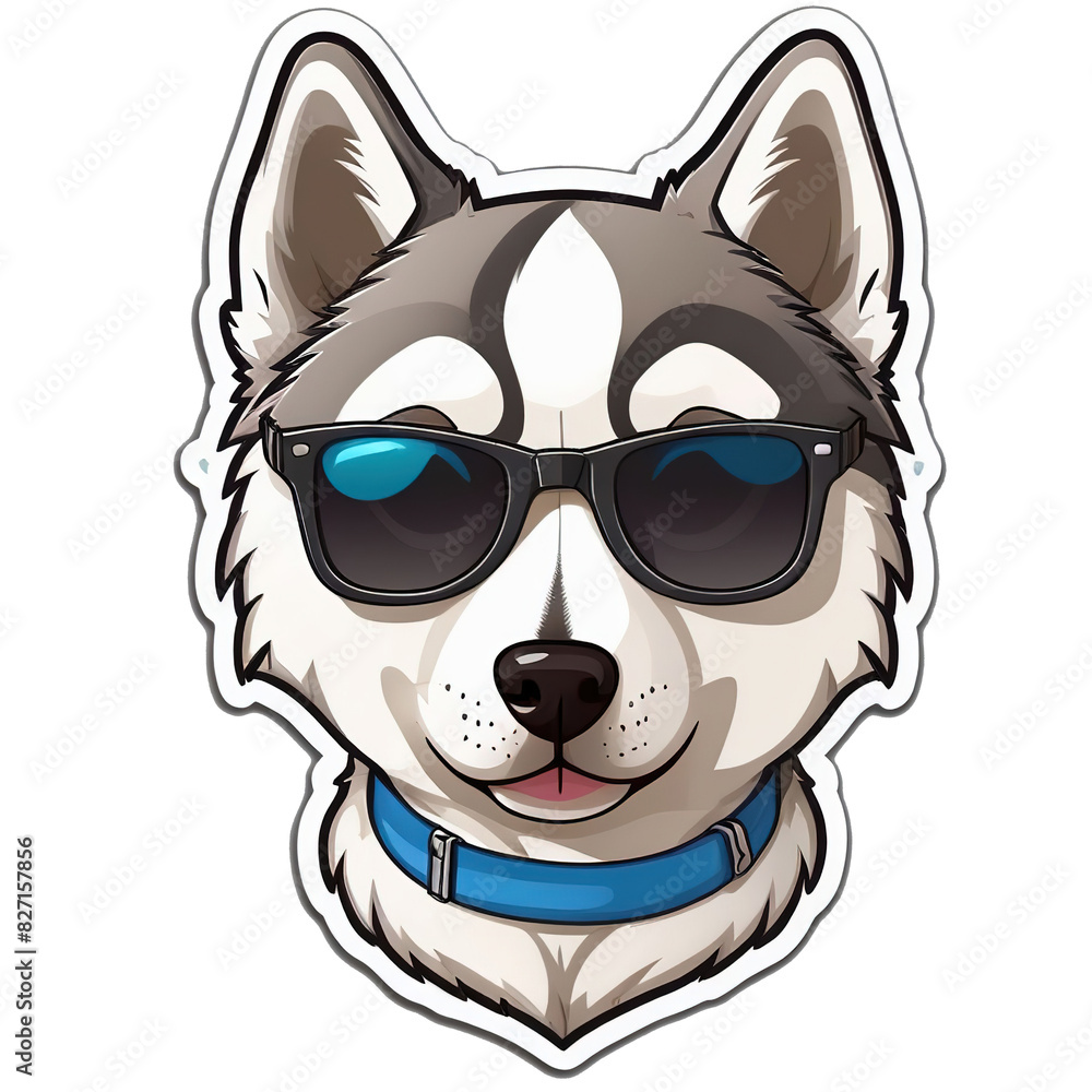 Fototapeta premium Siberian Husky dog with sunglass cartoon 2d sticker chibi in remove white background for book art decorate custom style.ai generated