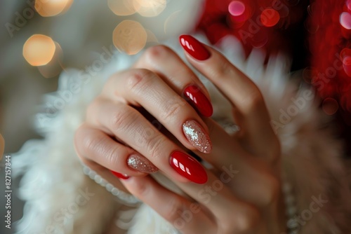 Detailed close-up of elegant womans hand with chic red nail polish for glamorous look