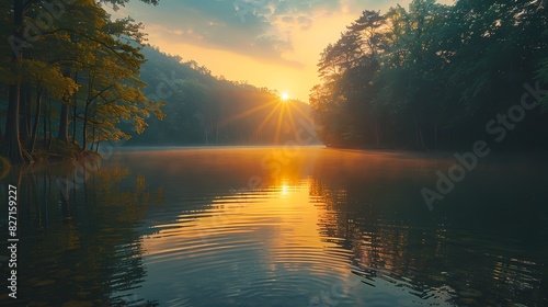 A peaceful lake surrounded by trees, the water reflecting the soft, warm colors of sunset