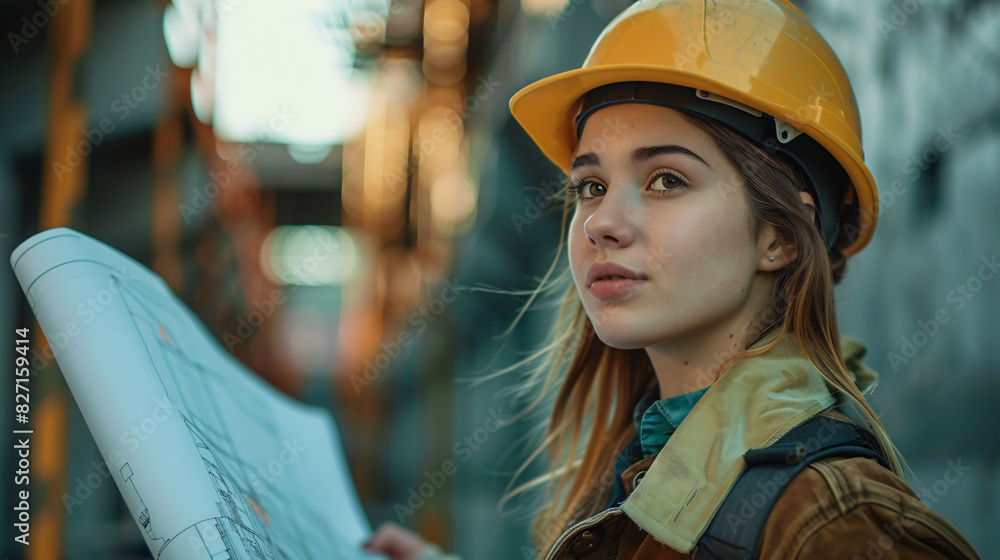 Woman civil engineer on a construction site, looking at blueprints with a smile Woman civil engineer on a construction site, looking at blueprints with a smile