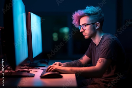 Software developer Side view of a man in his thirties with dyed hair, a nose ring, and glasses working on a computer at night from the home office which is lightened with red and blue lights photo
