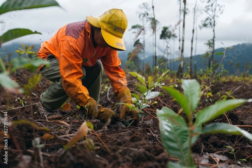 Business leader demonstrating personal commitment to environmental restoration by planting trees