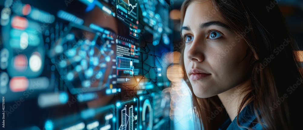 Businesswoman Analyzing Data on High-Tech Digital Display in Modern Office Businesswoman Analyzing Data on High-Tech Digital Display in Modern Office