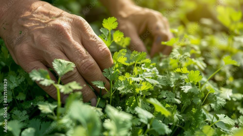 Eye-level angle photo of a gardeners hands carefully tending to vibrant, fresh coriander, soft sunlight filtering through leaves, focus on texture and greenery, photorealistic Eye-level angle photo of a gardeners hands carefully tending to vibrant, fresh coriander, soft sunlight filtering through leaves, focus on texture and greenery, photorealistic