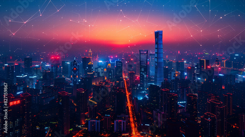 Futuristic cityscape with network connections, data transfer concept, digital technology background, aerial view of urban area at night.