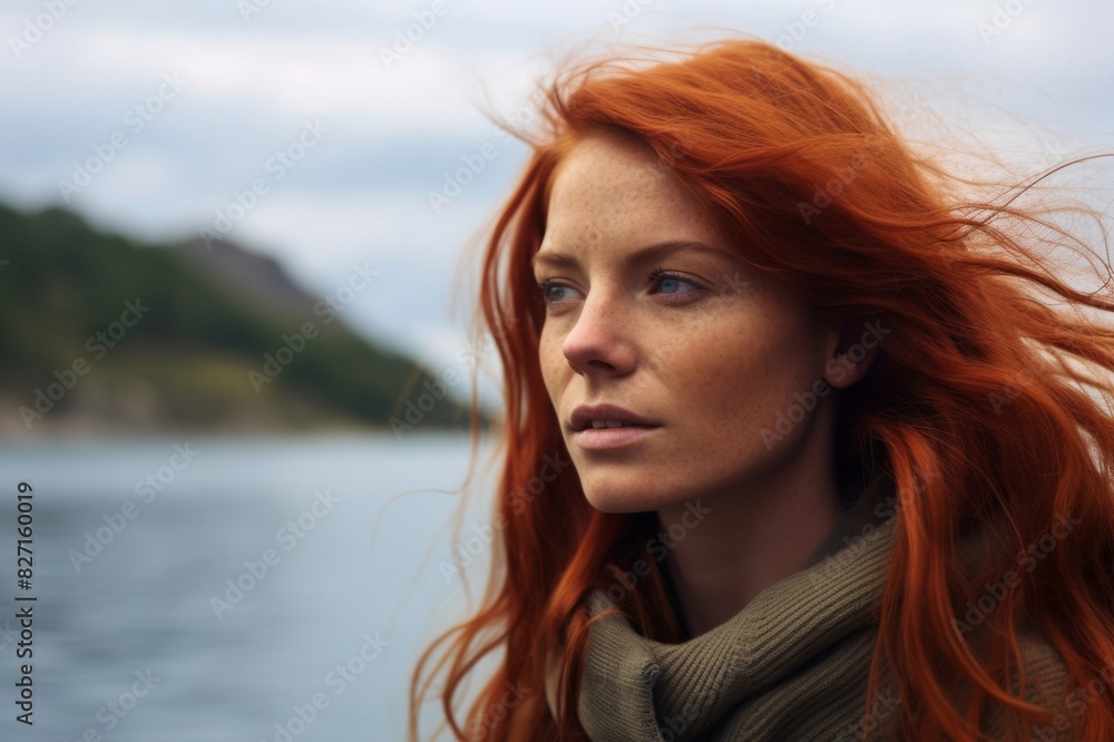 thoughtful redhead woman in front of lake