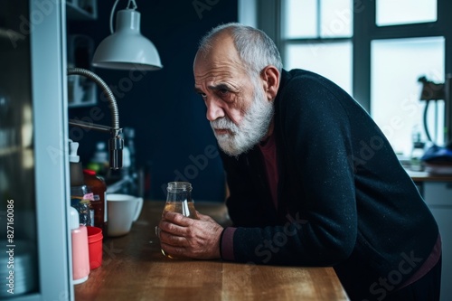 tired looking senior man leaning on kitchen counter with sports drink photo
