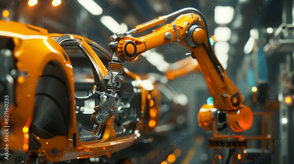 A car is being built in a factory with robots. Scene is industrial and mechanical A car is being built in a factory with robots. Scene is industrial and mechanical