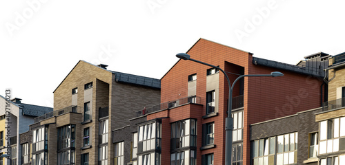 Architecture and city urban house buildings, apartment facade brick exterior town. Modern windows street wall old construction, view sky home cityscape blue. Design structure, transparent background photo