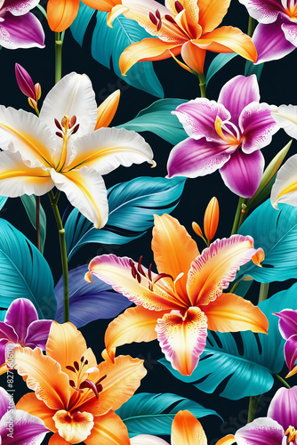 Tropical floral orchid digital artwork painted in bright, bold colors on a black background