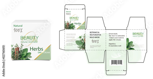 Design of the cosmetic packaging template. Cut. Cosmetic cream mask with Herbs in a closed box. Realistic 3D model.