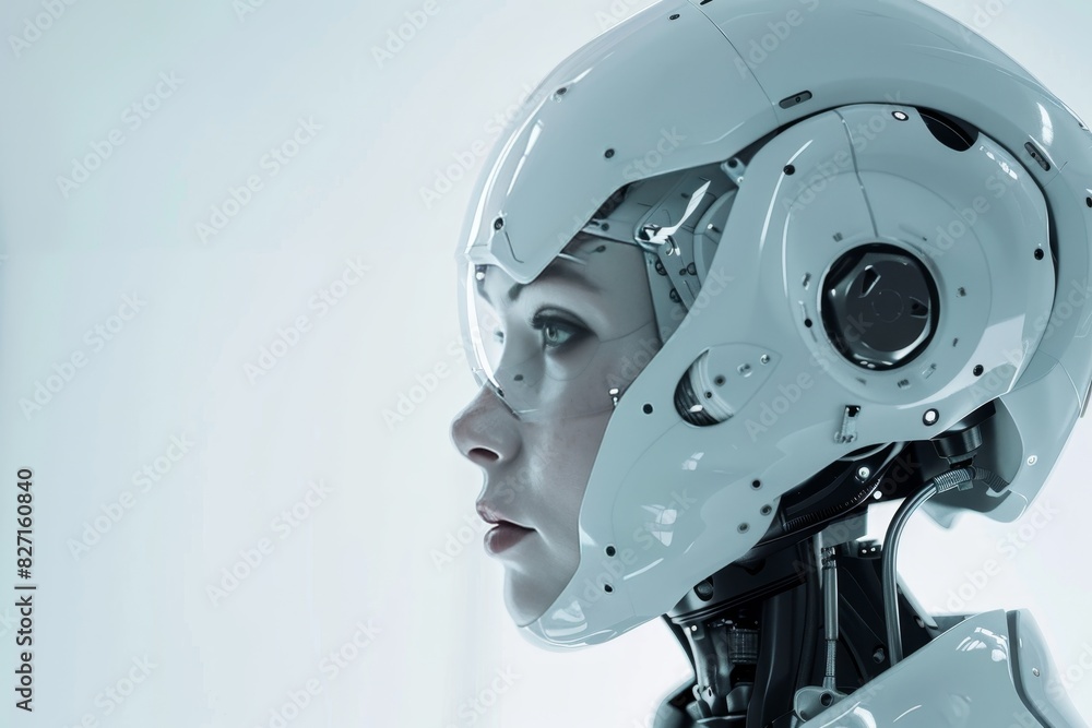 Futuristic white ai humanoid robot portrait with copy space, modern technology concept Futuristic white ai humanoid robot portrait with copy space, modern technology concept
