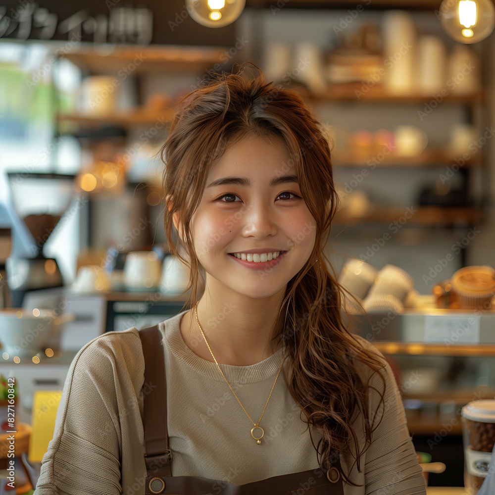Smiling Cafe Worker in Cozy Coffee Shop - Friendly Barista Serving Coffee - Adobe Stock Image Smiling Cafe Worker in Cozy Coffee Shop - Friendly Barista Serving Coffee - Adobe Stock Image