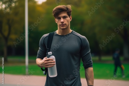 young man in sportswear standing in park and holding bottle of water after workout in outdoor gym