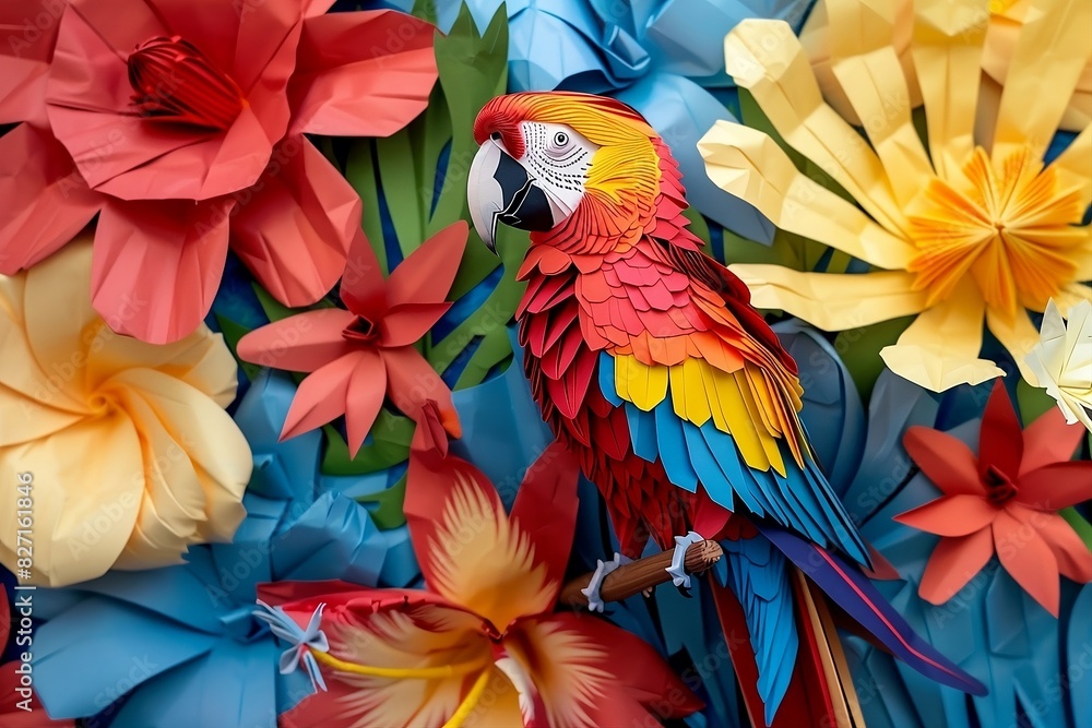 Obraz premium colorful kirigami art parrot with colorful flowers background 