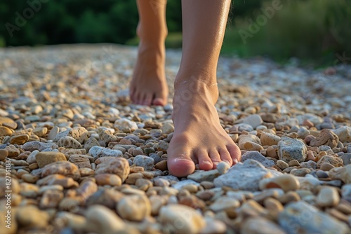 Close up and from the ground of the bare feet of a man walking on a forest sand and stone path.