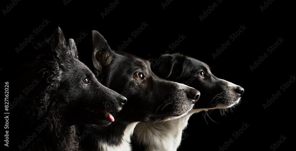 group of three dogs a mudi a border collie and a puppy dog head portrait on a black background in the studio group of three dogs a mudi a border collie and a puppy dog head portrait on a black background in the studio