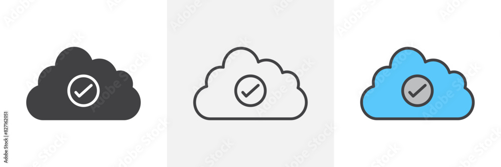 Saved to drive graphics. Cloud with check or tick vector. Saved to cloud storage symbol. Saved to drive graphics. Cloud with check or tick vector. Saved to cloud storage symbol.