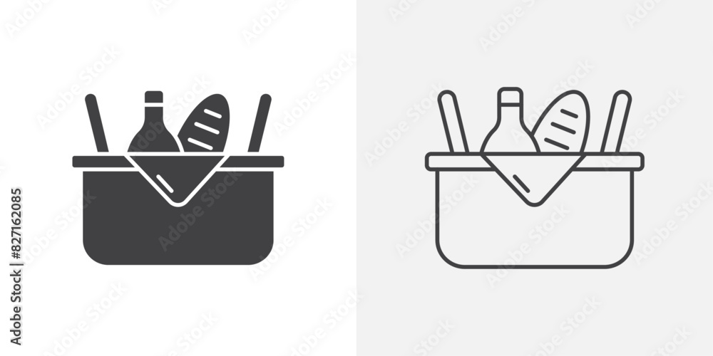 Picnic graphics. Grocery food and drink basket vector. Market hand basket symbol. Picnic graphics. Grocery food and drink basket vector. Market hand basket symbol.