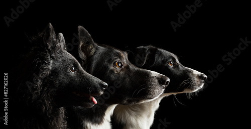 Canvas Print group of three dogs a mudi a border collie and a puppy dog head portrait on a bl