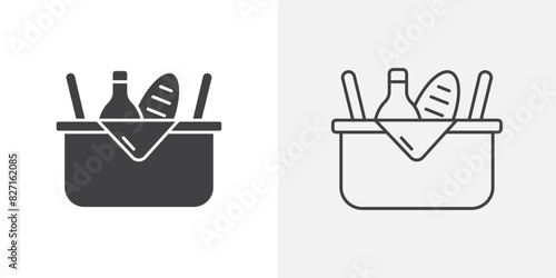 Picnic graphics. Grocery food and drink basket vector. Market hand basket symbol.