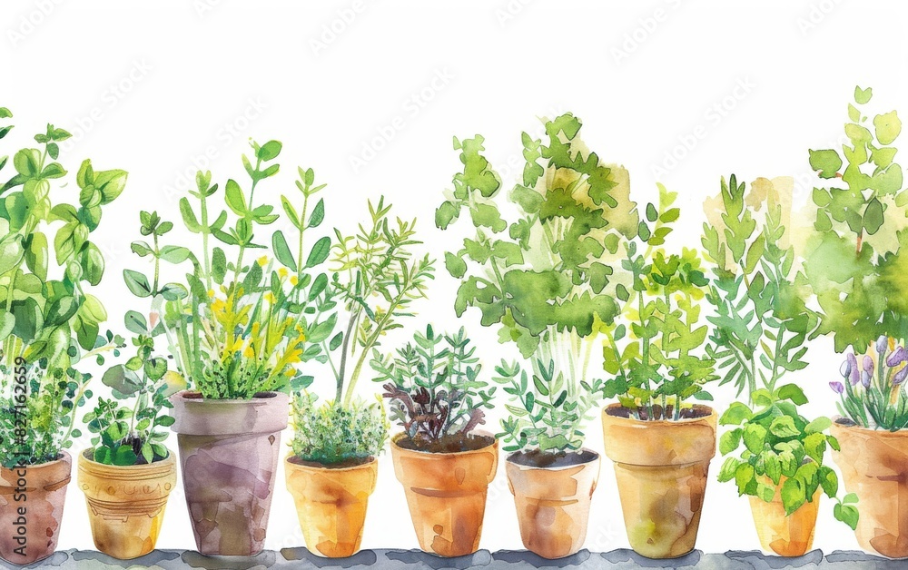 Create a vibrant watercolor illustration of a Vertical Garden with Herbs and Spices, showcasing fresh, aromatic ingredients growing in harmony Create a vibrant watercolor illustration of a Vertical Garden with Herbs and Spices, showcasing fresh, aromatic ingredients growing in harmony