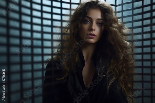 a beautiful woman with long curly hair in a black fashionable dress on the background of the grid. the lifestyle concept of fear, loneliness and self-imposed restrictions with copy space.