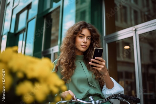 beauty woman looking at camera while using a mobile and sitting on a bike