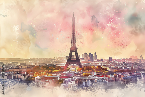 The beautiful view of Paris is rendered in a delicate watercolor illustration, featuring the iconic Eiffel Tower against the urban skyline © HASAN