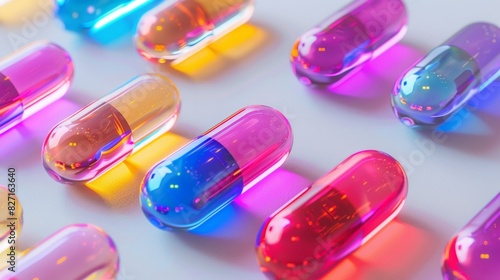 Futuristic medicine capsules in various neon colors on a white background