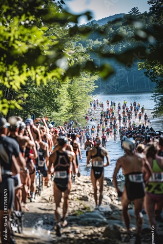 A demanding and exhilarating moment in a triathlon, capturing the endurance, versatility, and determination of the athletes as they swim, bike, and run, with a supportive crowd and scenic backdrop.
