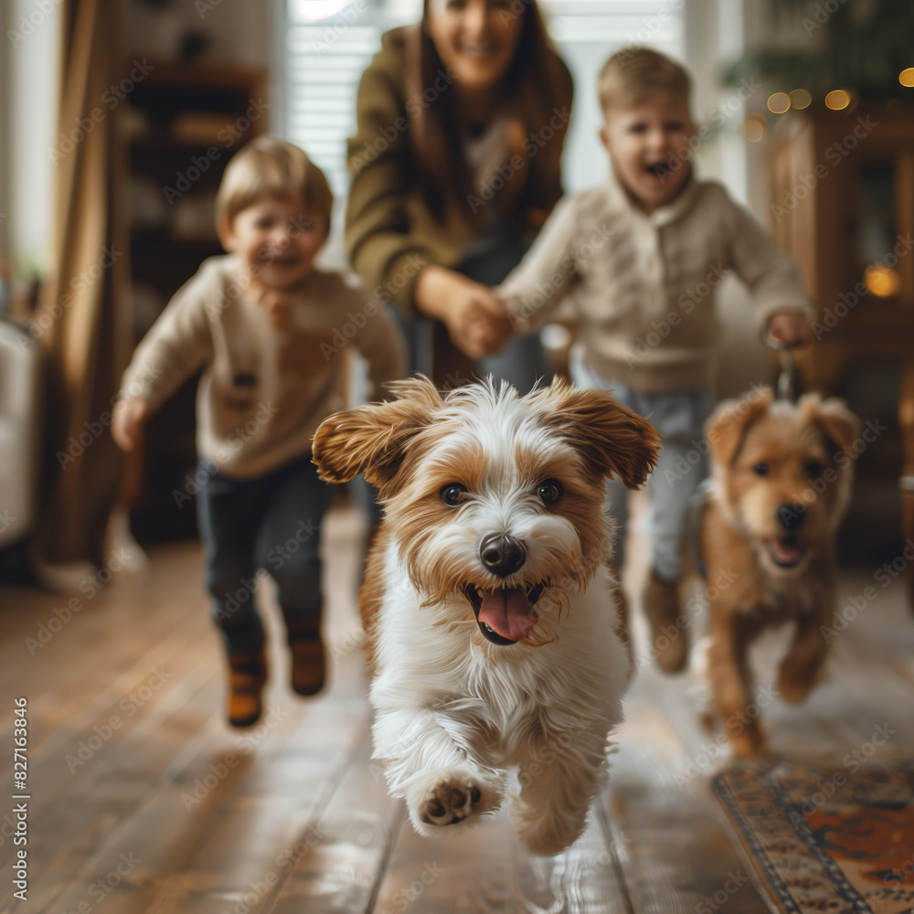 Joyful Children and Happy Dogs Running Indoors in a Cozy Home Setting - Perfect Stock Photo for Family, Childhood, and Pet Bonding Concepts Joyful Children and Happy Dogs Running Indoors in a Cozy Home Setting - Perfect Stock Photo for Family, Childhood, and Pet Bonding Concepts