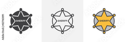 Badge Sheriff vector set. Retro vintage sheriff star graphic. Western cowboy officer 6 point badge icon.