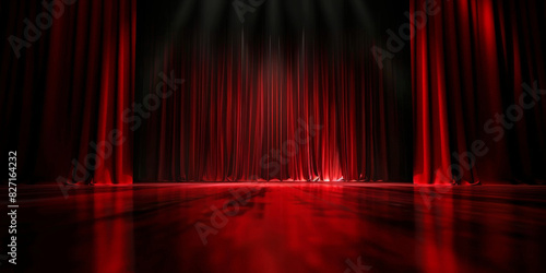 Dramatic red stage curtain with intense lighting creating a captivating and luxurious ambiance in a theatrical setting with reflections on the floor 
