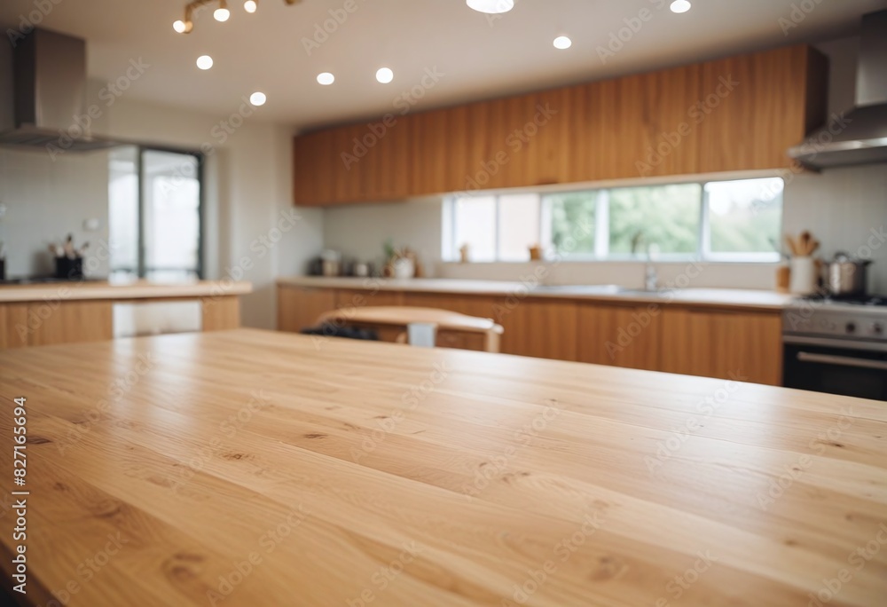 Wooden top with blurred empty japan kitchen background can be used for mocking up or display product to make advertising Wooden top with blurred empty japan kitchen background can be used for mocking up or display product to make advertising