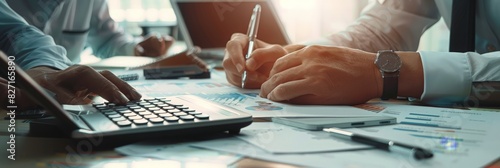 Auditor and accountant team working in office, analyze financial data and accounting record with calculator. Accounting company provide finance and taxation planning for profitable cash flow